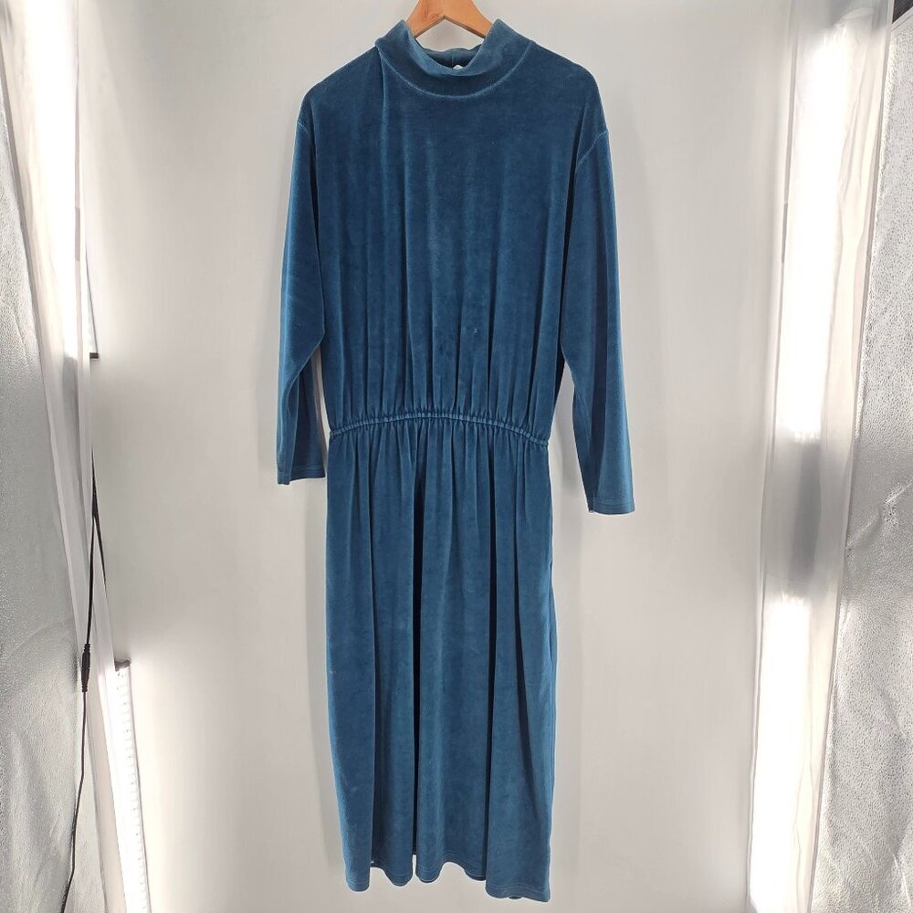 L.L. Bean Maxi Dress Womens Teal Velour Cotton Elastic Waist Long Sleeve XXL VTG
